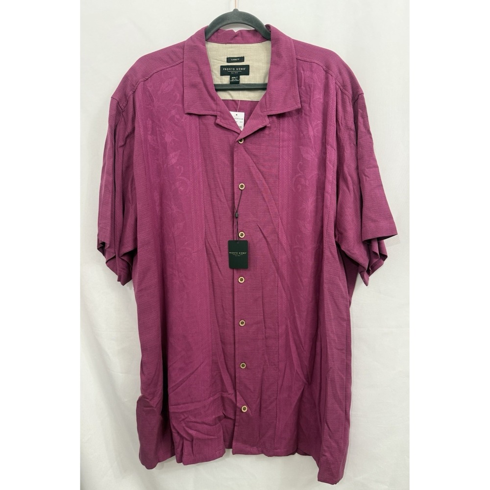 NWT Pronto Uomo Mens 3XLT 100% Silk Purple Floral Jacquard Camp‎ Shirt